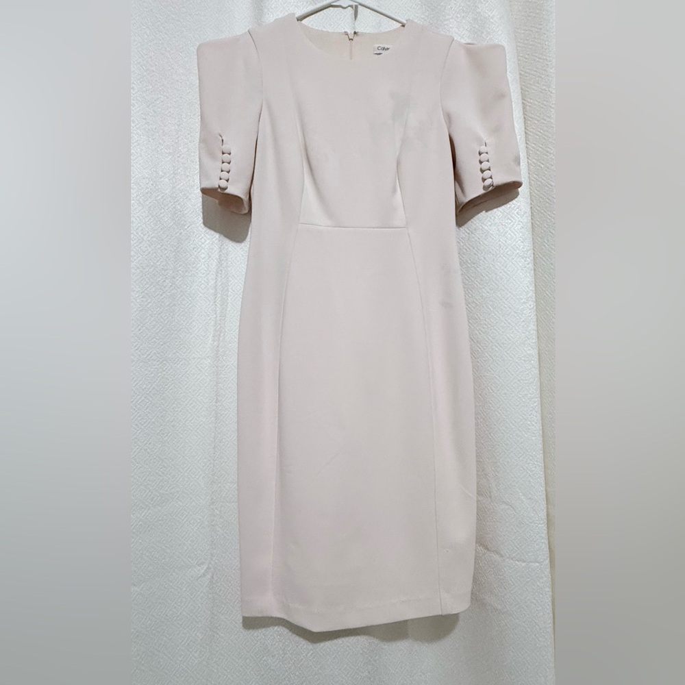 Calvin Klein Red Sheath Dress with Square Neck and Cuffed Sleeves